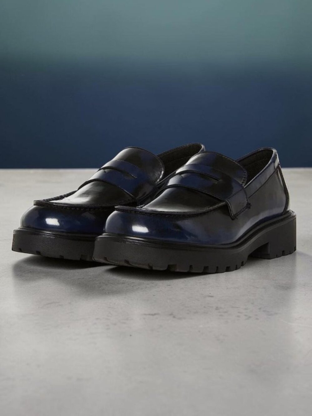 Steve Madden Leland Lug-sole Blue Patent Leather Penny Loafers